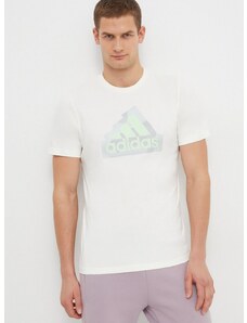 Bavlnené tričko adidas pánske, béžová farba, s potlačou, IN6234