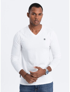 Ombre Clothing Pánske elastanové tričko s dlhým rukávom a výstrihom - biele V1 OM-LSCL-0110