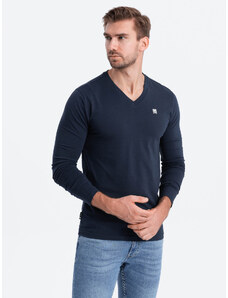 Ombre Clothing Pánske elastanové tričko s dlhým rukávom a výstrihom - tmavomodré V2 OM-LSCL-0110