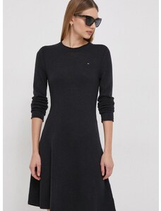 Vlnené šaty Tommy Hilfiger čierna farba, mini, áčkový strih, WW0WW40695