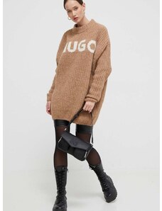 Vlnený sveter HUGO dámsky, hnedá farba, teplý