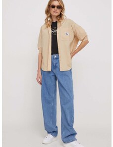 Bavlnená košeľa Calvin Klein Jeans dámska,béžová farba,voľný strih,s klasickým golierom,J20J222610