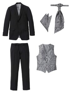 bonprix 5-dielny oblek: sako, nohavice, vesta, kravata, vreckovka, farba čierna, rozm. 62