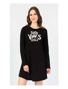 Vienetta Dámska nočná košeľa s dlhým rukávom Good vibes, farba černá, 100% bavlna