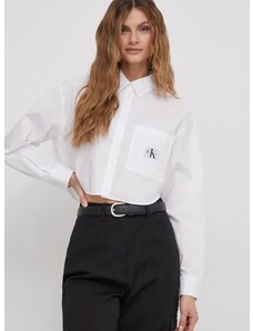 Bavlnená košeľa Calvin Klein Jeans dámska, biela farba, voľný strih, s klasickým golierom