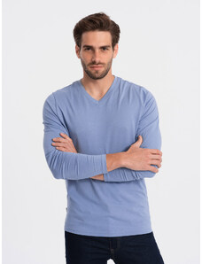 Ombre Clothing Pánske tričko bez potlače s dlhým rukávom a výstrihom do V - modrá džínsovina V9 OM-LSBL-0108
