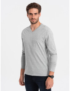 Ombre Clothing Pánske tričko bez potlače s dlhým rukávom a véčkovým výstrihom - sivý melír V7 OM-LSBL-0108