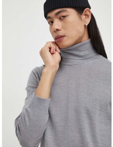 Vlnený sveter HUGO pánsky, šedá farba, tenký, s rolákom