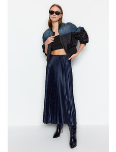 Trendyol tmavomodrá plisovaná maxi elastická pletená sukňa