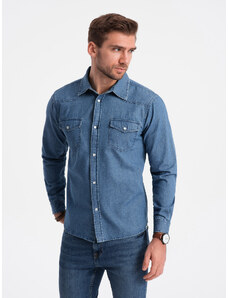 Ombre Clothing Pánska džínsová košeľa s vreckami - modrá V2 OM-SHDS-0115