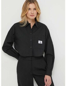 Bavlnená košeľa Calvin Klein Jeans dámska,čierna farba,voľný strih,s klasickým golierom,J20J222614