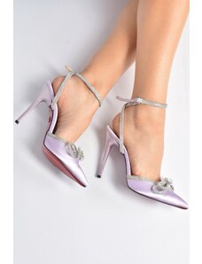 Fox Shoes Women's Heeled Shoes with Lilac Satin Fabric and Stones