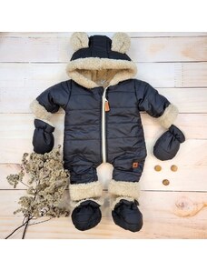 Zimná prešívaná kombinéza s kožúškom a kapucňou + rukavičky + topánočky, Z&Z - čierna