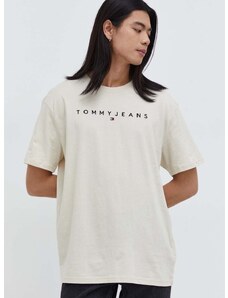 Bavlnené tričko Tommy Jeans pánsky,béžová farba,s nášivkou,DM0DM17993