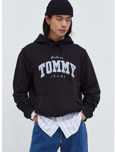 Bavlnená mikina Tommy Jeans pánska,čierna farba,s kapucňou,s nášivkou,DM0DM18401