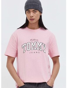 Bavlnené tričko Tommy Jeans pánsky,ružová farba,s potlačou,DM0DM18287