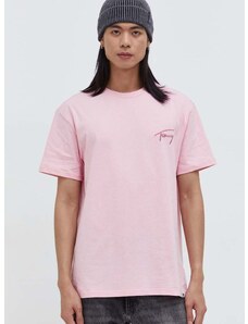 Bavlnené tričko Tommy Jeans pánsky, ružová farba, s nášivkou, DM0DM17994