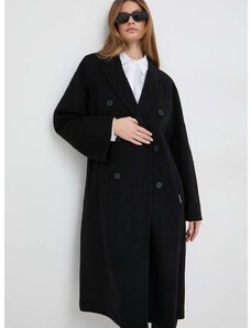 Vlnený kabát Karl Lagerfeld čierna farba, prechodný, dvojradový