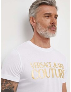 Bavlnené tričko Versace Jeans Couture pánsky, biela farba, s potlačou, 76GAHT00 CJ00T
