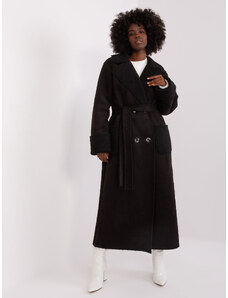LAKERTA Čierny dlhý bavlnený kabát s imitáciou ovčej kožušiny