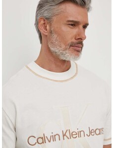Bavlnené tričko Calvin Klein Jeans pánsky, béžová farba, s nášivkou, J30J324673