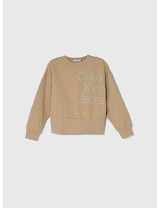 Detská bavlnená mikina Calvin Klein Jeans béžová farba, s potlačou
