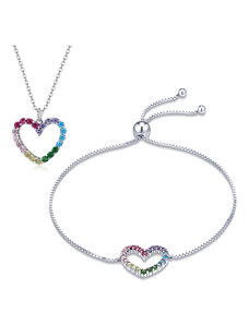 Ligot Strieborný set náhrdelník a náramok farebné srdce