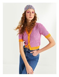 LC Waikiki V-Neck Color Block Short Sleeve Knitwear Cardigan