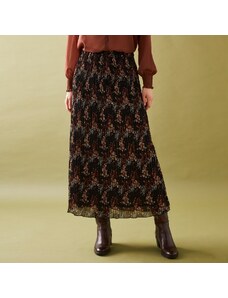 Blancheporte Plisovaná sukňa s potlačou kvetov z recyklovaného polyesteru, pre nižšiu postavu čierna/karamelová 040