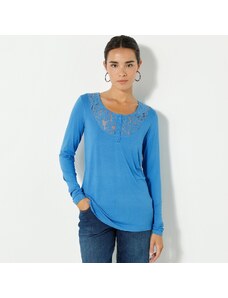 Blancheporte Tričko s tuniským výstrihom a čipkou modrá 040