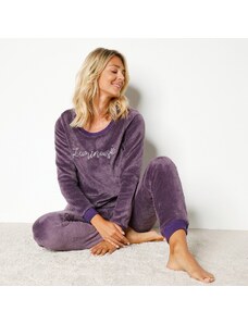 Blancheporte Fleecové pyžamo s dlhými rukávmi a výšivkou "lumineuse" fialová 040