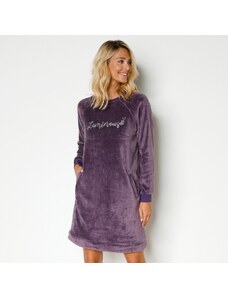 Blancheporte Fleecová nočná košeľa s dlhými rukávmi a výšivkou "lumineuse" fialová 036