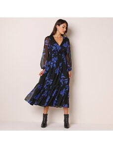 Blancheporte Dlhé šaty s volánmi z voálu s potlačou čierna/modrá 036