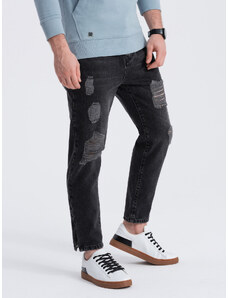 Ombre Clothing Pánske džínsové nohavice zúženého strihu s otvormi - čierne V2 P1028