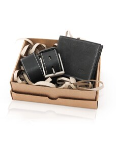 Pánsky darčekový set čierny kožený opasok Paulo + kožená peňaženka čierna B - 90