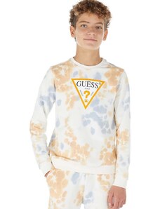 Detská bavlnená mikina Guess béžová farba, vzorovaná