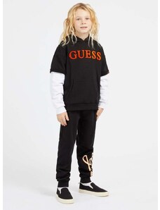 Detská bavlnená mikina Guess čierna farba, s kapucňou, vzorovaná