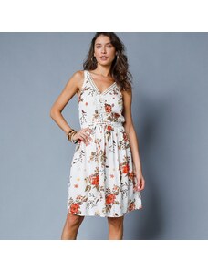 Blancheporte Šaty s potlačou kvetín a macramé ražná/oranžová 036