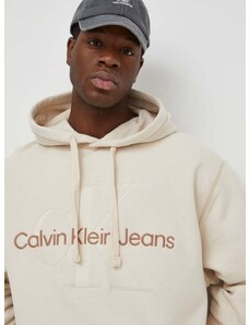 Bavlnená mikina Calvin Klein Jeans pánska,béžová farba,s kapucňou,s nášivkou,J30J324623