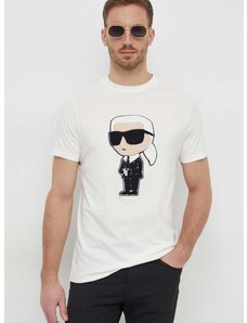 Bavlnené tričko Karl Lagerfeld pánsky, béžová farba, s nášivkou