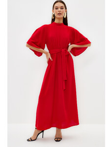 Trendyol červené pásové tkané šaty s polovičným rukávom