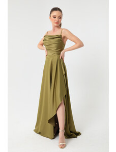 Lafaba Dámske, olejovo zelené, saténové večerné šaty s rozparkom a maturitné šaty