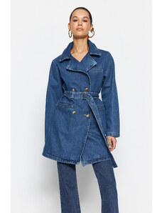 Trendyol Collection Nadrozmerný džínsový trenčkot s modrým pásom