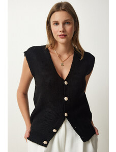 Happiness İstanbul Women's Black Metal Button Wool Knitwear Vest