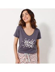 Blancheporte Pyžamové tričko s krátkymi rukávmi a stredovou potlačou "Beautiful" sivá antracitová 036