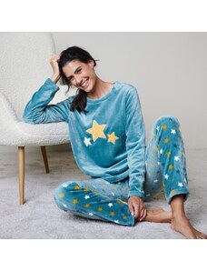 Blancheporte Fleecové pyžamo hebké na dotyk s motívom hviezd modrosivá 048