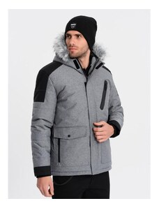 Ombre Clothing Pánska dlhá zimná bunda s odnímateľnou kožušinou V1 OM-JAHP-0144 sivá a čierna