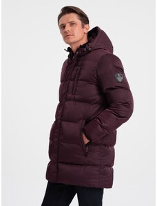 Ombre Clothing Men's long winter quilted jacket - burgundy V4 OM-JALJ-0147