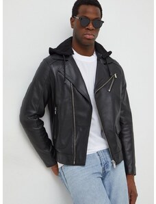 Kožená bunda Karl Lagerfeld pánska, čierna farba, prechodná