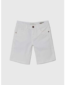 Detské rifľové krátke nohavice Guess biela farba, nastaviteľný pás